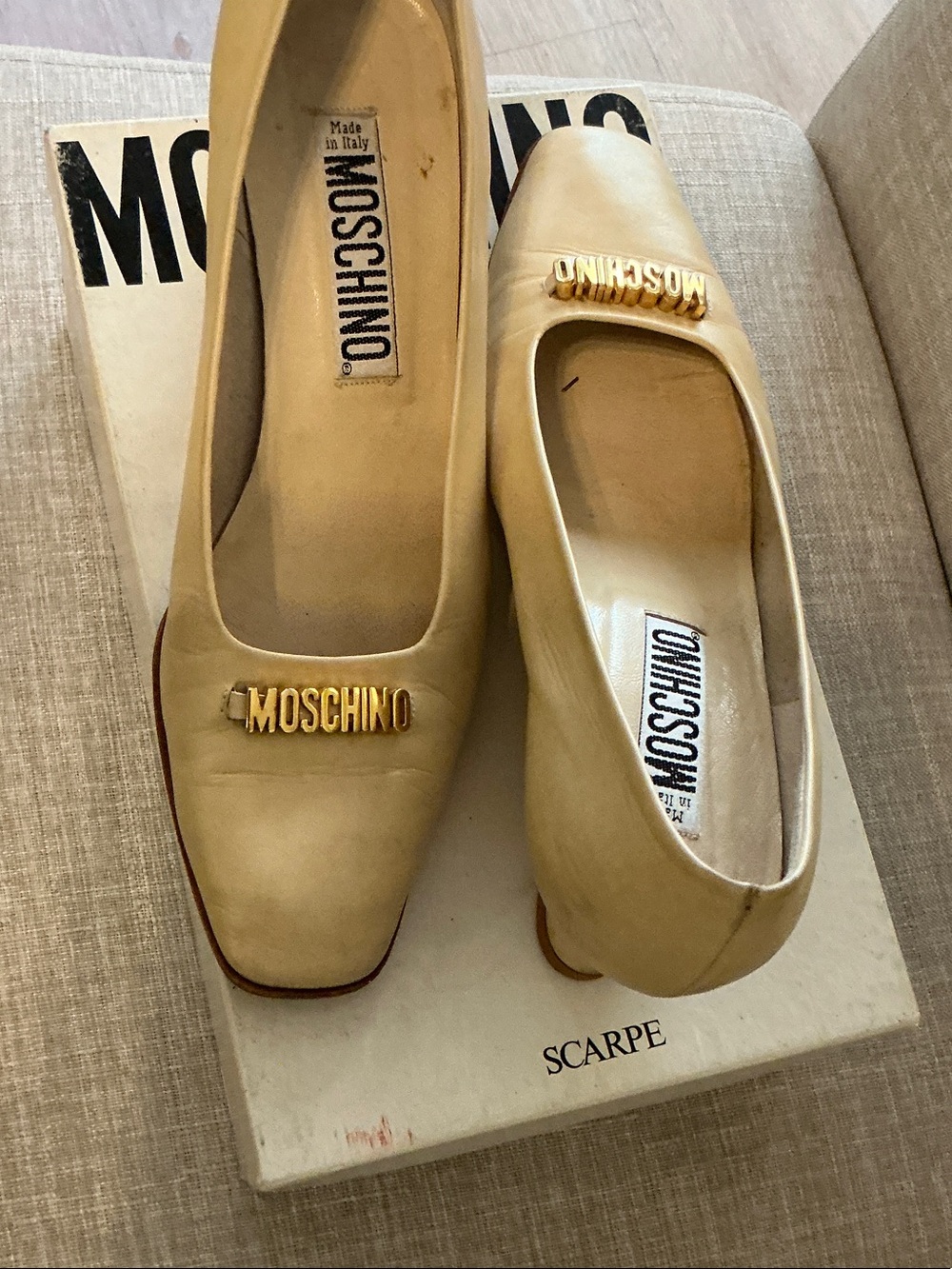 Moschino Cream Leather Logo Ballet Flats with Gold Hardware